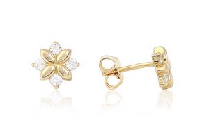 Arany fülbevaló stekkeres négy szirmú virág fehér kővel - Arany baba fülbevalók