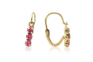 Arany gyermek fülbevaló elölkapcsos rózsaszín kővel - Arany baba fülbevalók